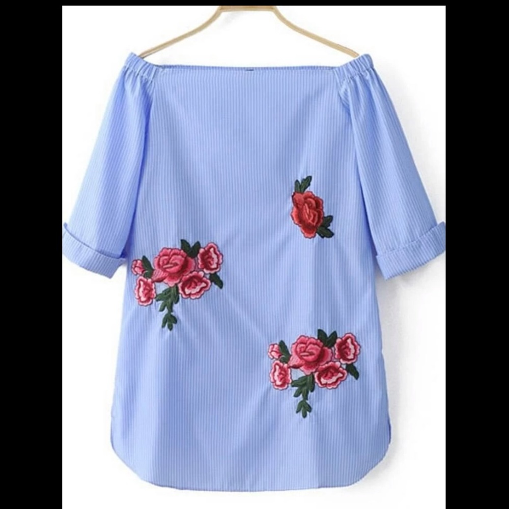 Pinstripe embroidery off shoulder sleeve dress
